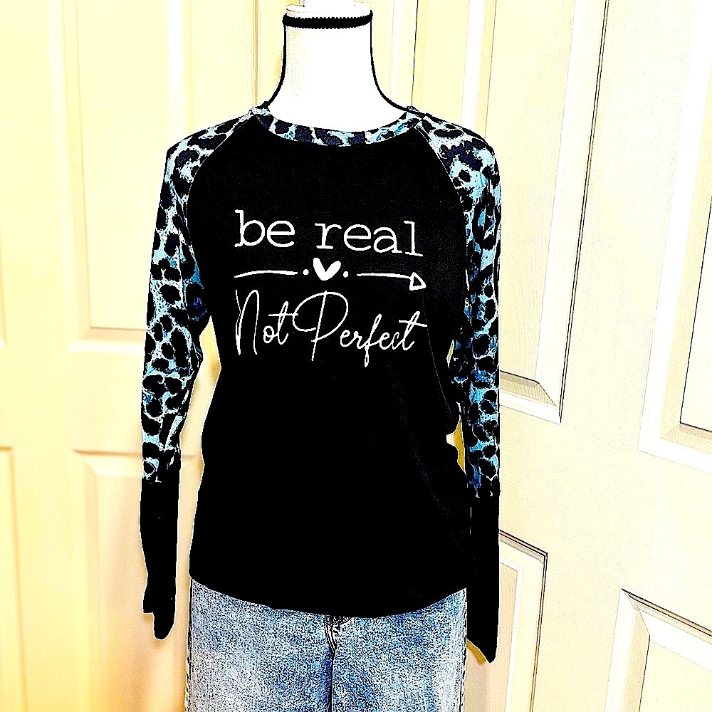 Be Real Not Perfect Leopard Print Paneled T-shirt Casual Raglan Longsleeve🎉